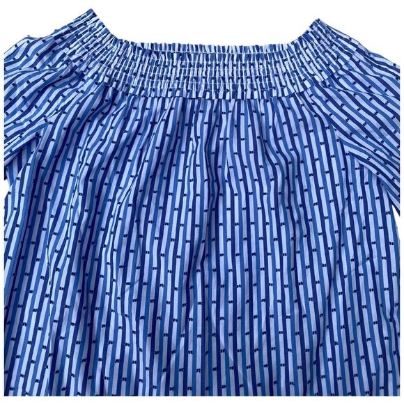 Chic Bardot Blouse Blue White Stripe Off Shoulder Smocked Tie Sleeve Top S - Picture 6 of 16